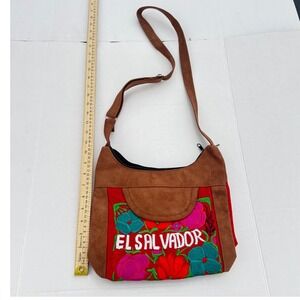 El Salvador Embroidered Floral Crossbody Bag Red Brown Canvas Faux Suede Boho